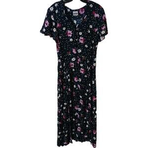 Vintage Basic Editions Floral Polka Dot Button Down Dress Size Large Cottagecore